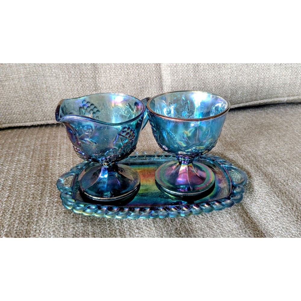 Vintage Indiana Glass Carnival Blue Harvest 3 Piece Set